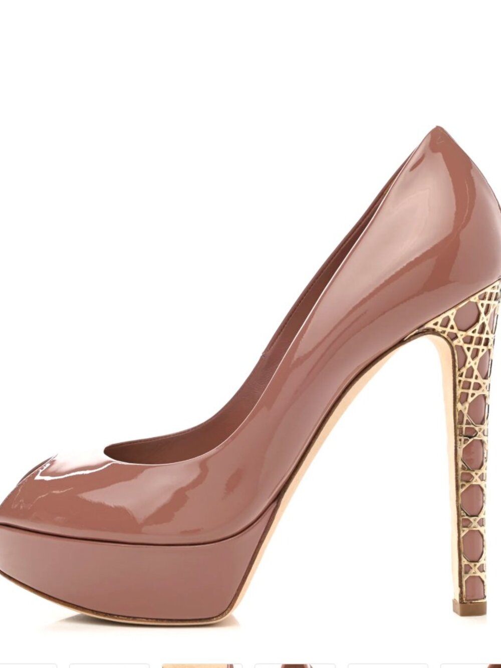 Christian Dior Cannage Gold Heel Patent Leather Peep Toe Pumps Shoes 38.5